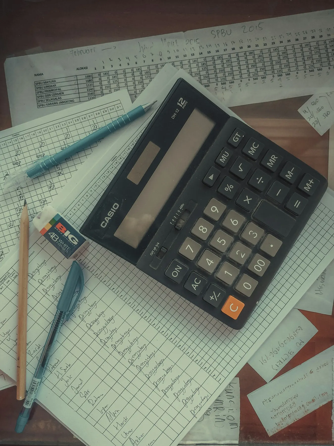 Une calculatrice, un crayon et une gomme posés sur du papier quadrillé